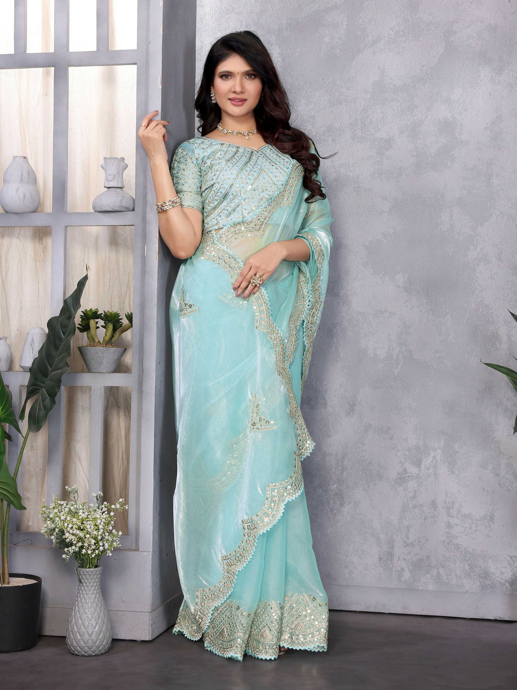 Vastranavya Sky Blue Embroidery Work Shimmer Chiffon Saree with Unstitched Blouse