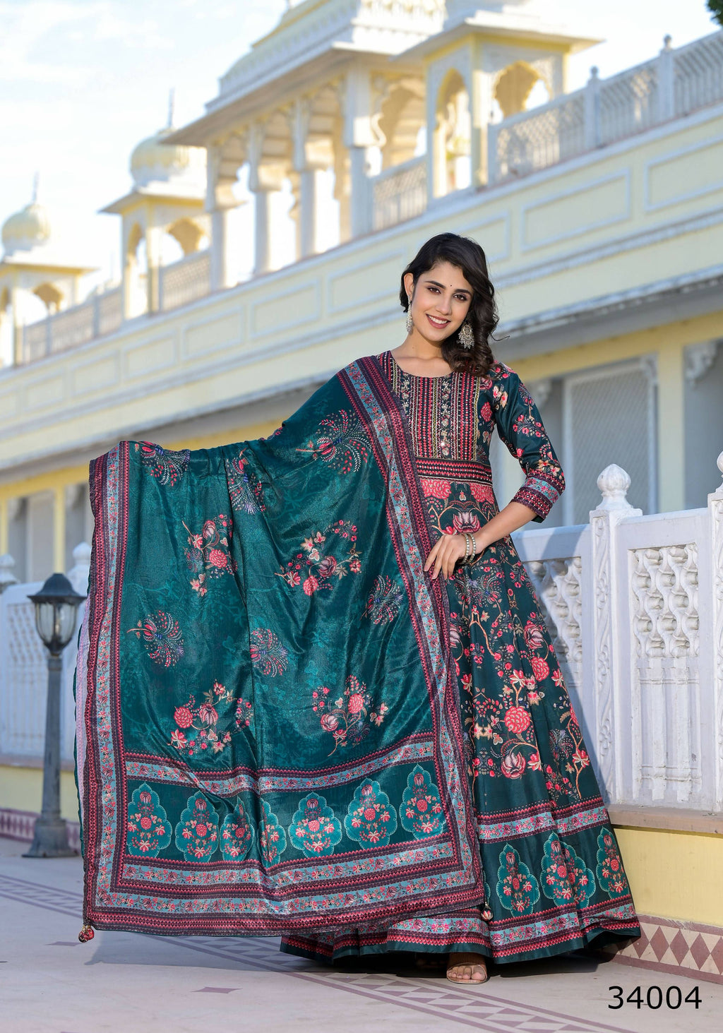 Partywear Designer Green Dola Silk Anarkali suit with Dupatta - Suzen