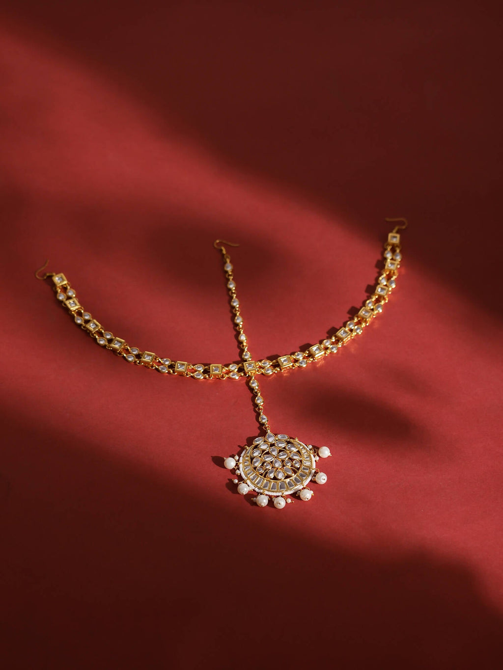 Gold-Polished White Kundan-Studded Pearl Beaded Matha Patti - Ruby Raang