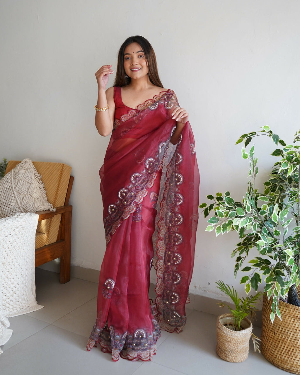 Vamsee Shivika Maroon Organza Saree