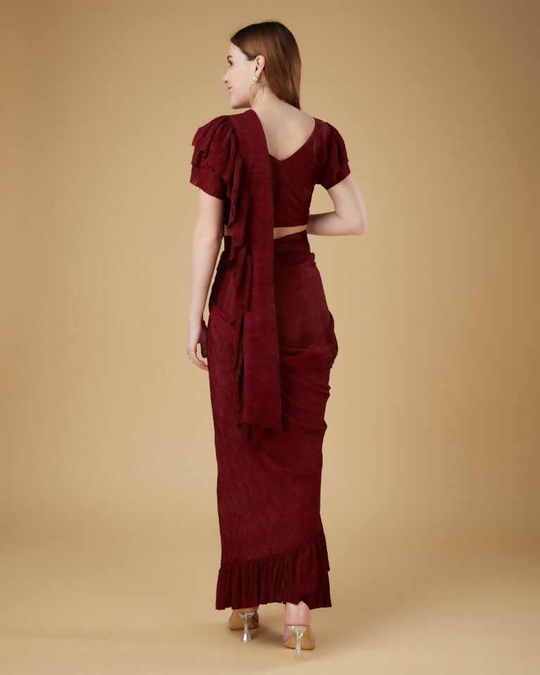 Maroon Imported Crush Solid Ready to Wear Saree with stitched Blouse - Aayan