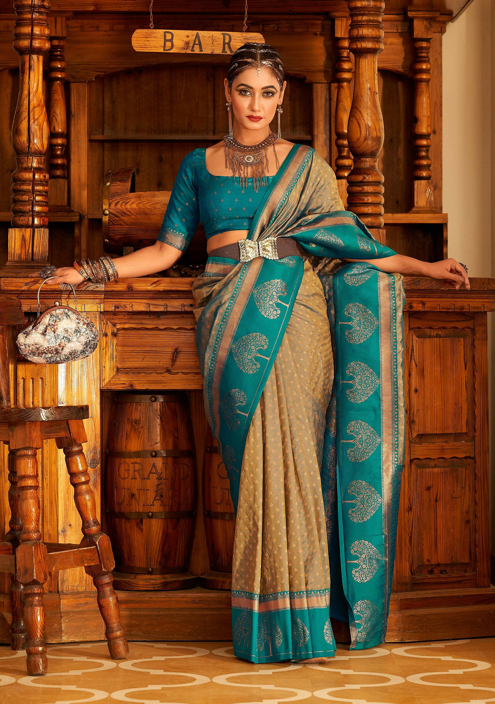 Beige Soft Banarasi Paithani Copper Zari Weaving Saree With Unstitched Blouse Piece - Jodha