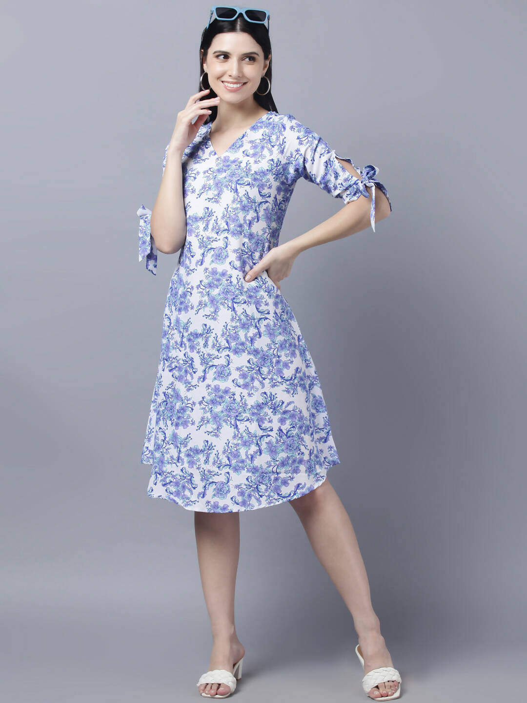 Myshka Women White Blue Printed A-Line Dress