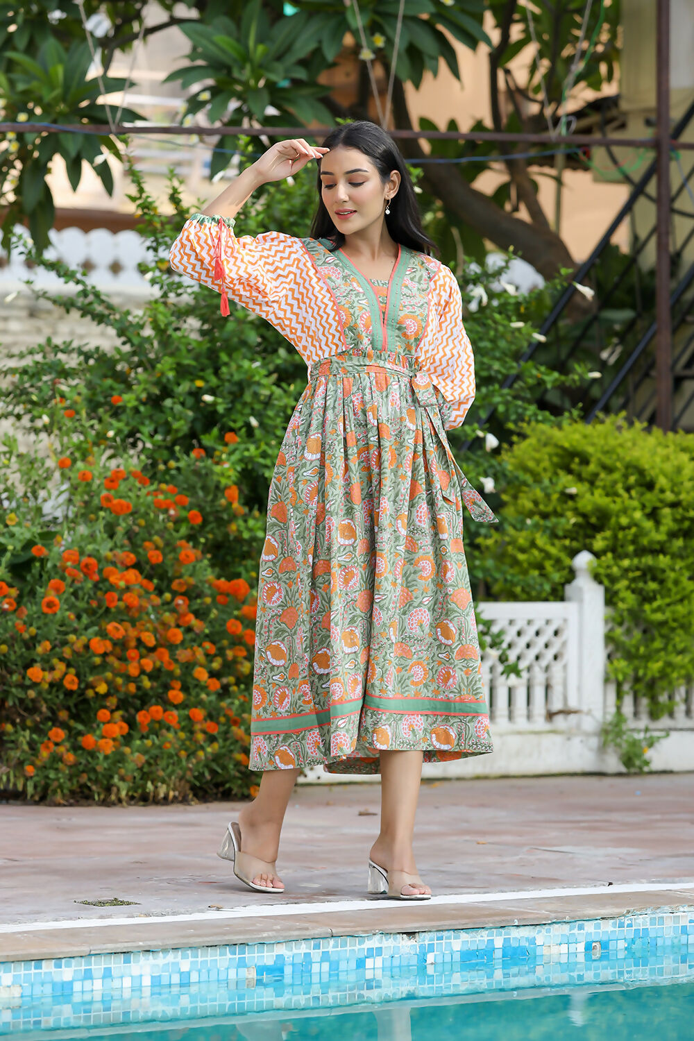 Kaajh Women's Orange Hand Block Printed Dress
