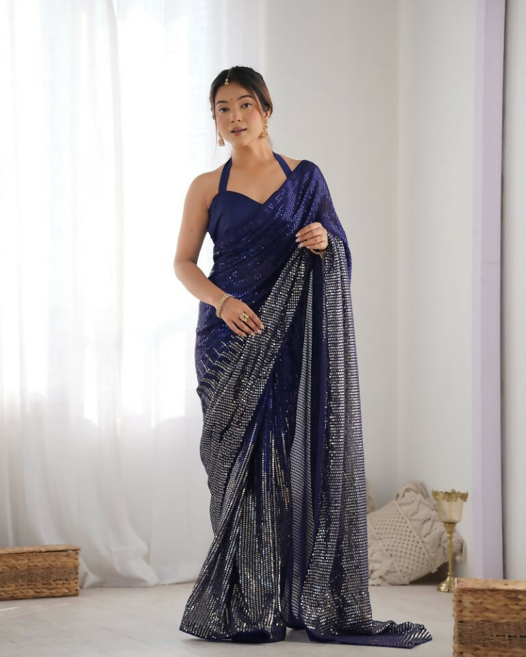 Blue Georgette Designer Sequence Embroidery Work Saree - Sitare
