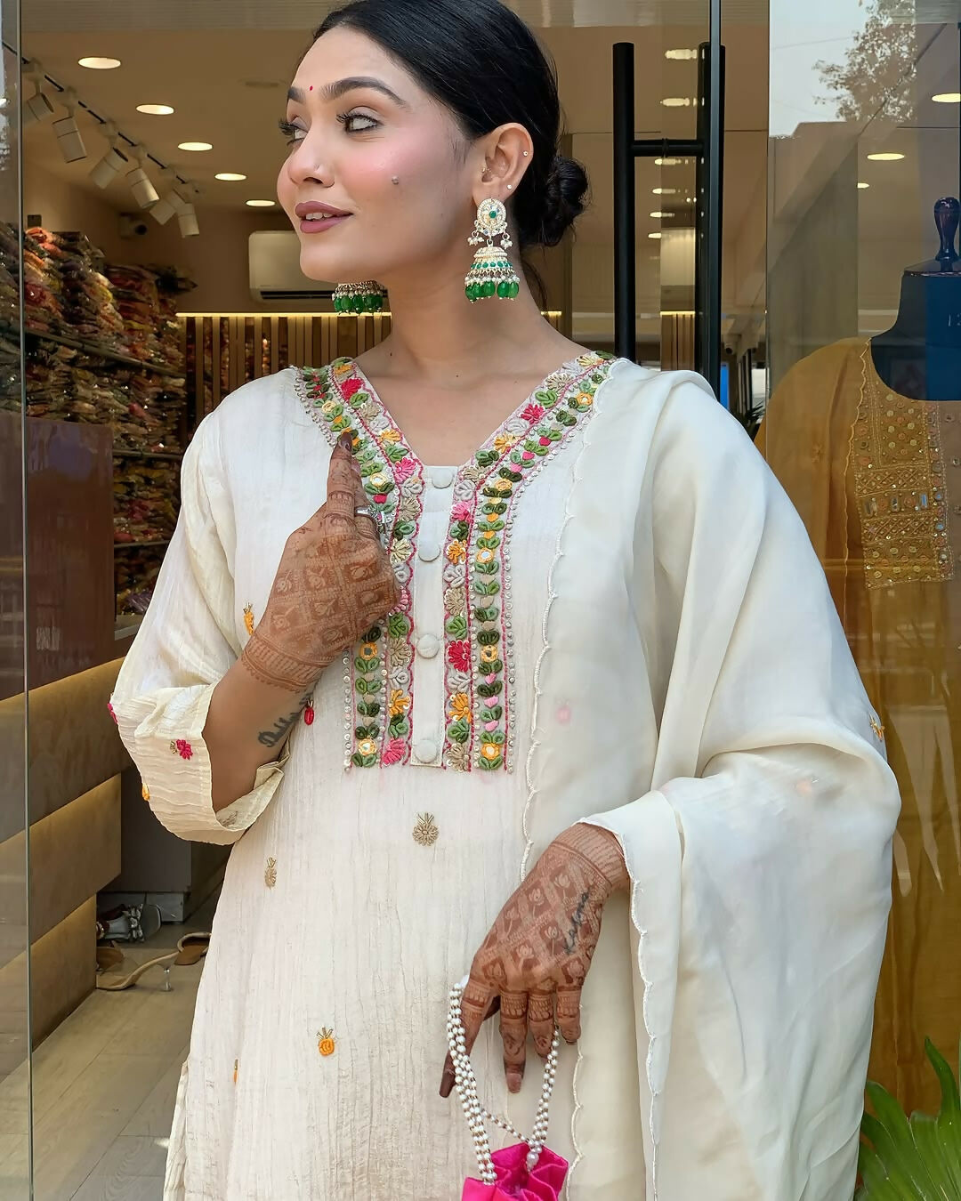 The52 Off White Women's Gorgeous Chinon Fabric Embroidered Work Straight Kurta Pant and Dupatta Set