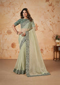 Light Green Net Organza Georgette Thread, Sequence, Cord Embroidered with Moti Work Saree - Mohmanthan Dakshika