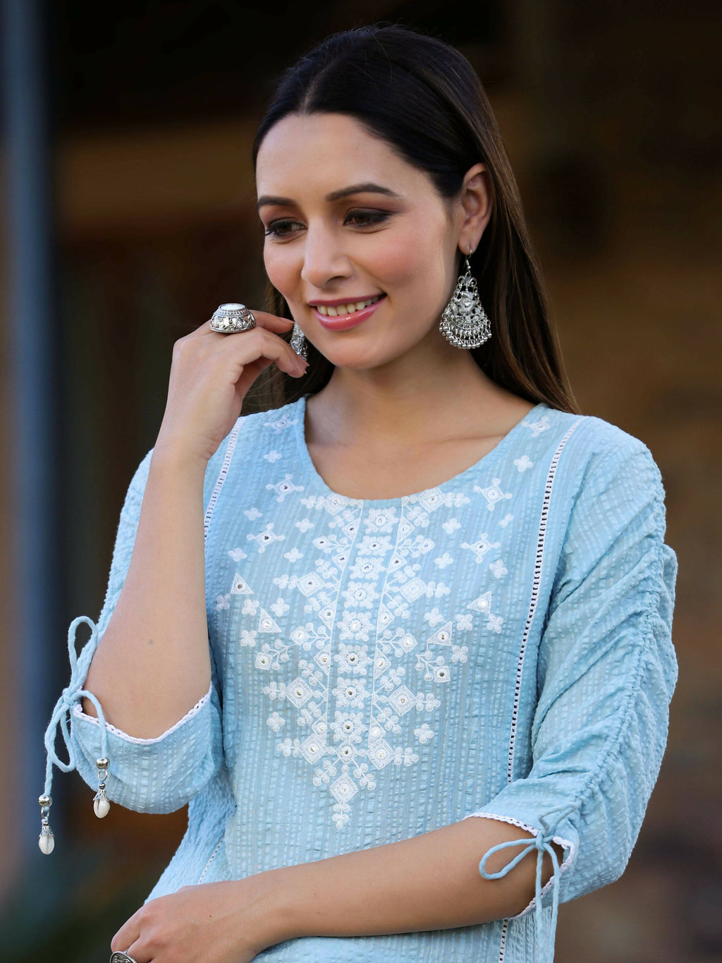 Juniper Women's Blue Sheer Sucker Embroidered Straight Kurta