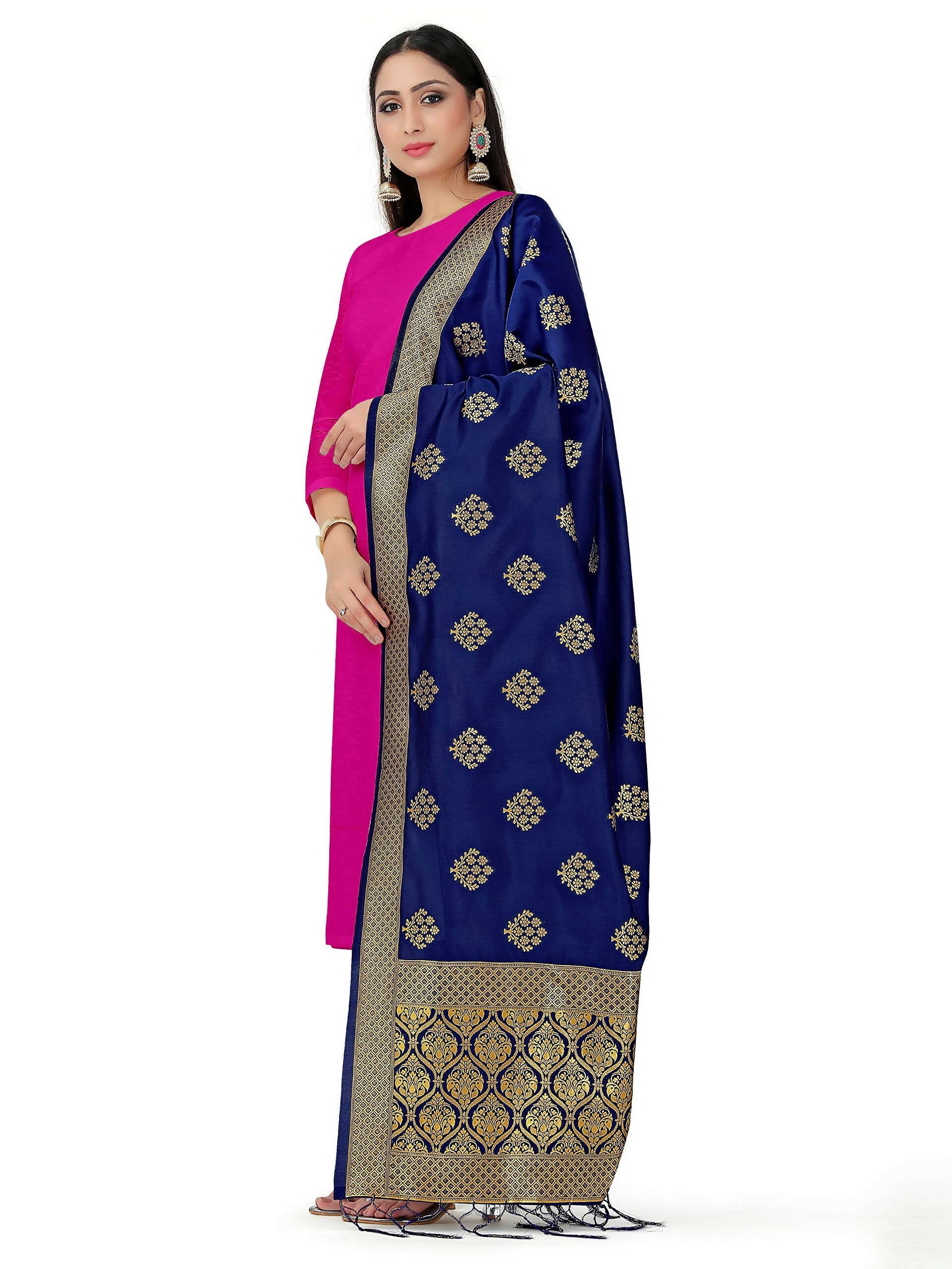 Mimosa Women's Floral Art Silk Navy Blue Dupatta