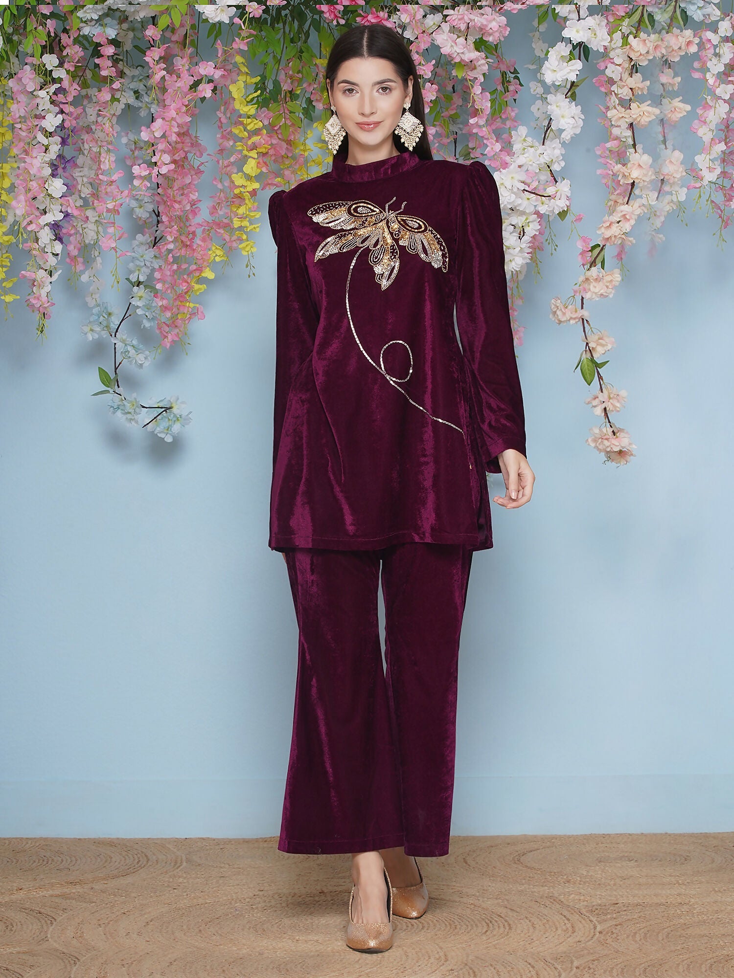 Joban Fashion Wine Velvet Hand Embellished Coord Set