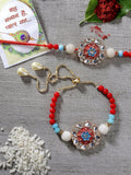 NVR Women & Men Set of 2 Red-colored Stone-Studded & Beaded Bhaiya Bhabhi Rakhi With Roli Chawal