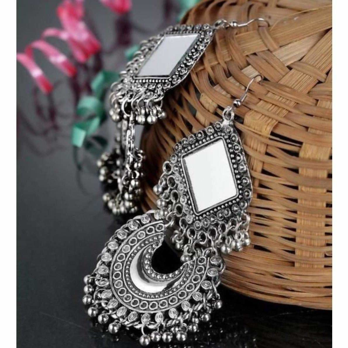 MS Fashion India Oxidized Silver Color Mirror Half Moon Design Hangings