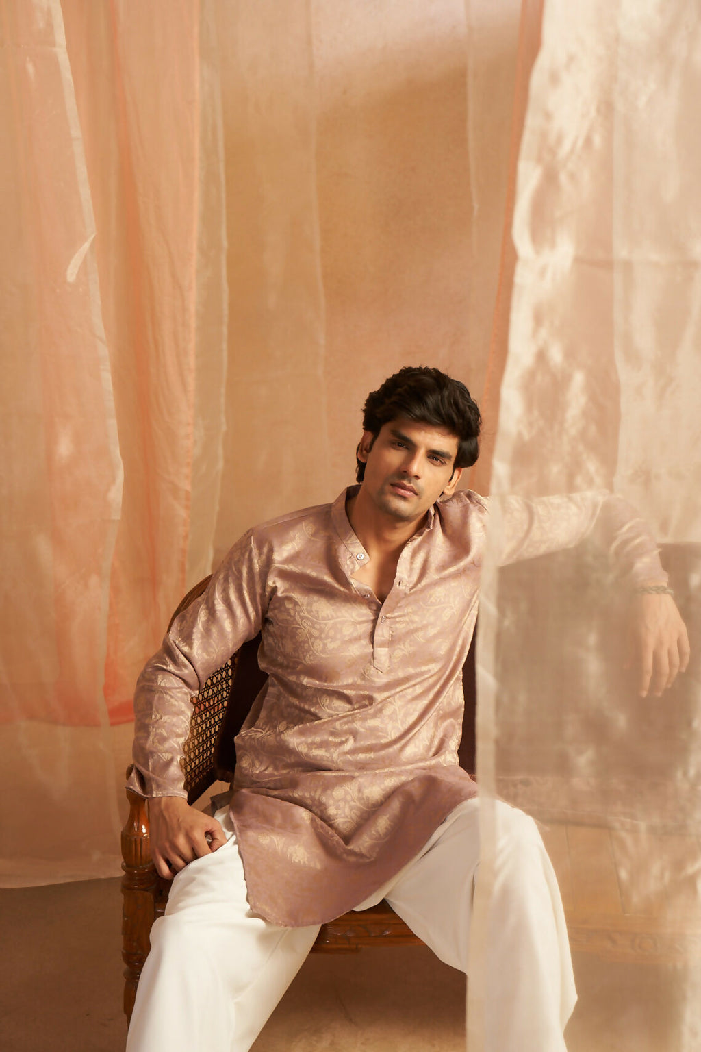 Mauve Modal Silk Wevon Designer Men's Kurta Set - Mahotsav