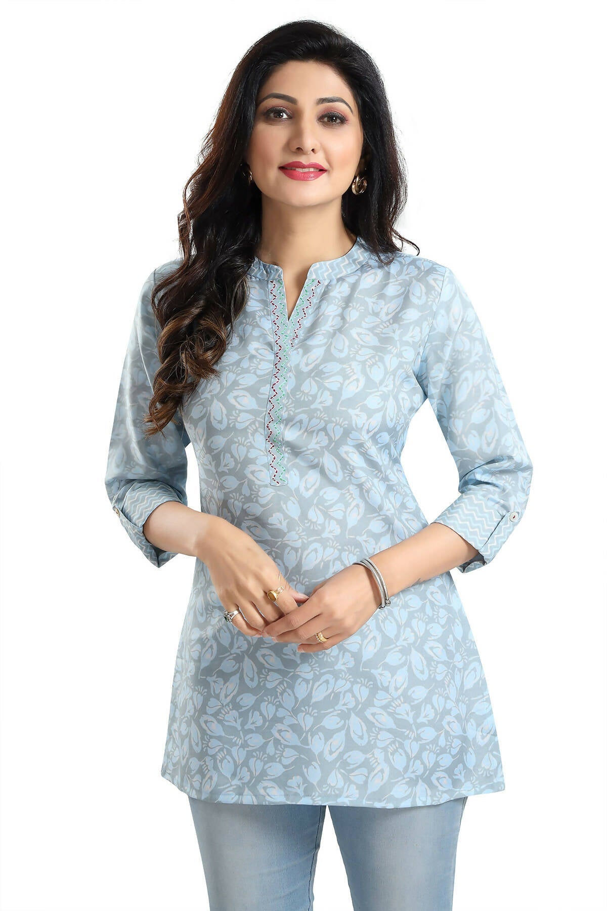Snehal Creations Pretty Pastel Blue Rayon Short Kurti Tunic Top