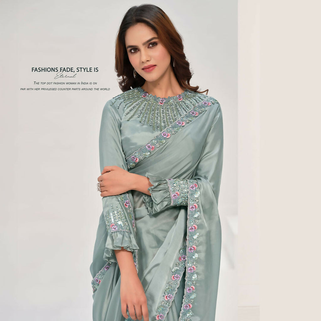 Sea Green Crepe Satin Silk Handwork Saree With Unstitched Blouse - Norita Saanjh