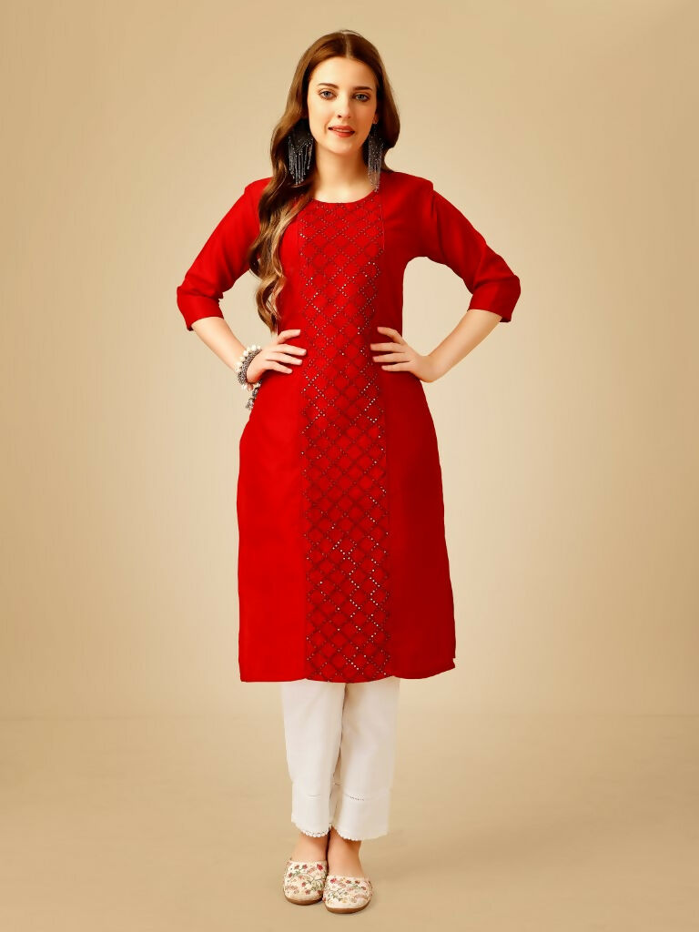 Jyoti Fashion Women's Red Cotton Blend Embroidered Kurta Pant Set