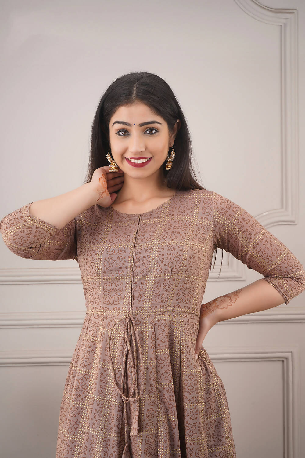 Partywear Designer Hand Screen and Foil Print Lightbrown Pure chanderi Gown - Anbazaar