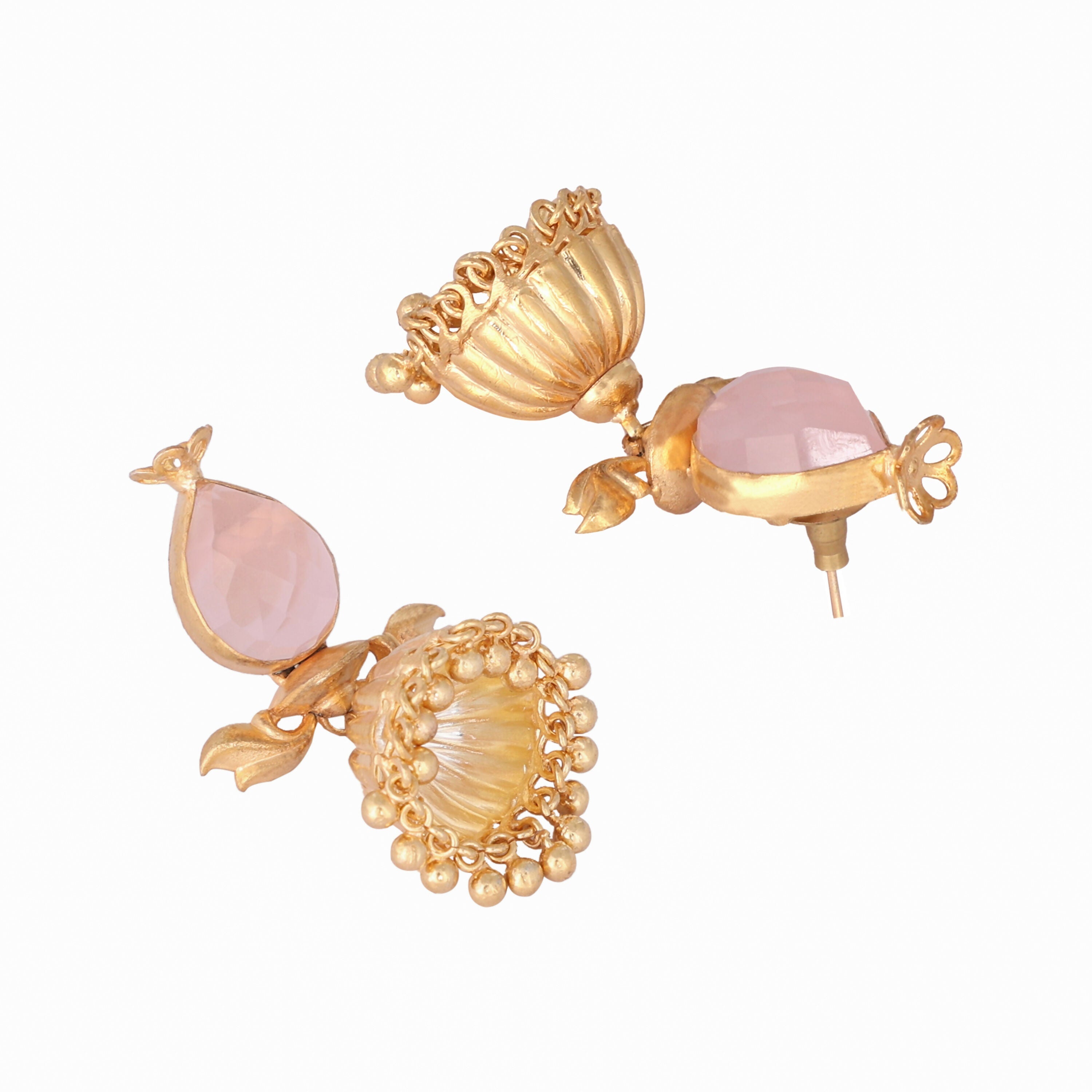 Nuyug 22K Gold Plated Rose Quartz Stone Studded Ethnic Jhumkas