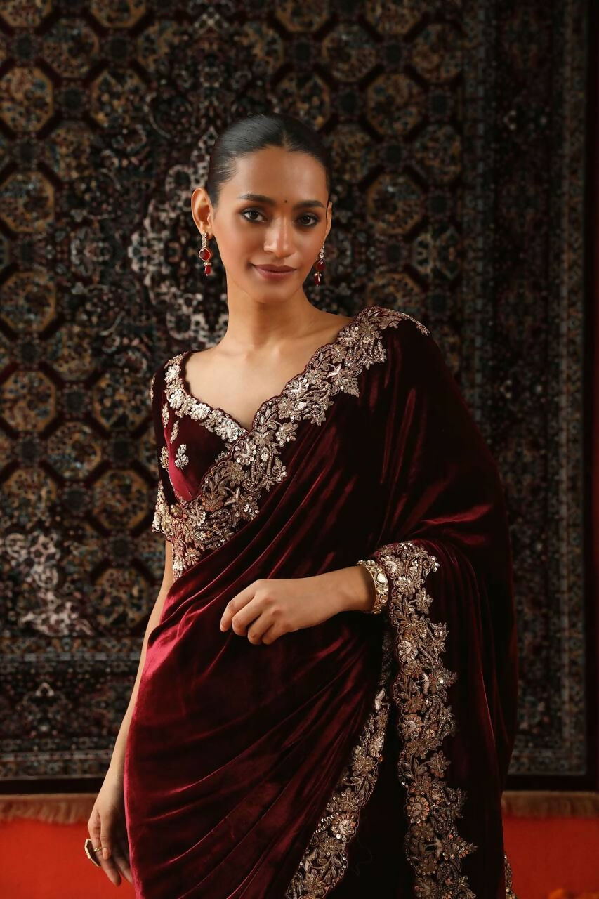 Vastranavya Designer Velvet Sequence & Zari Thread Embroidery work with border and Cutwork Saree - Wine