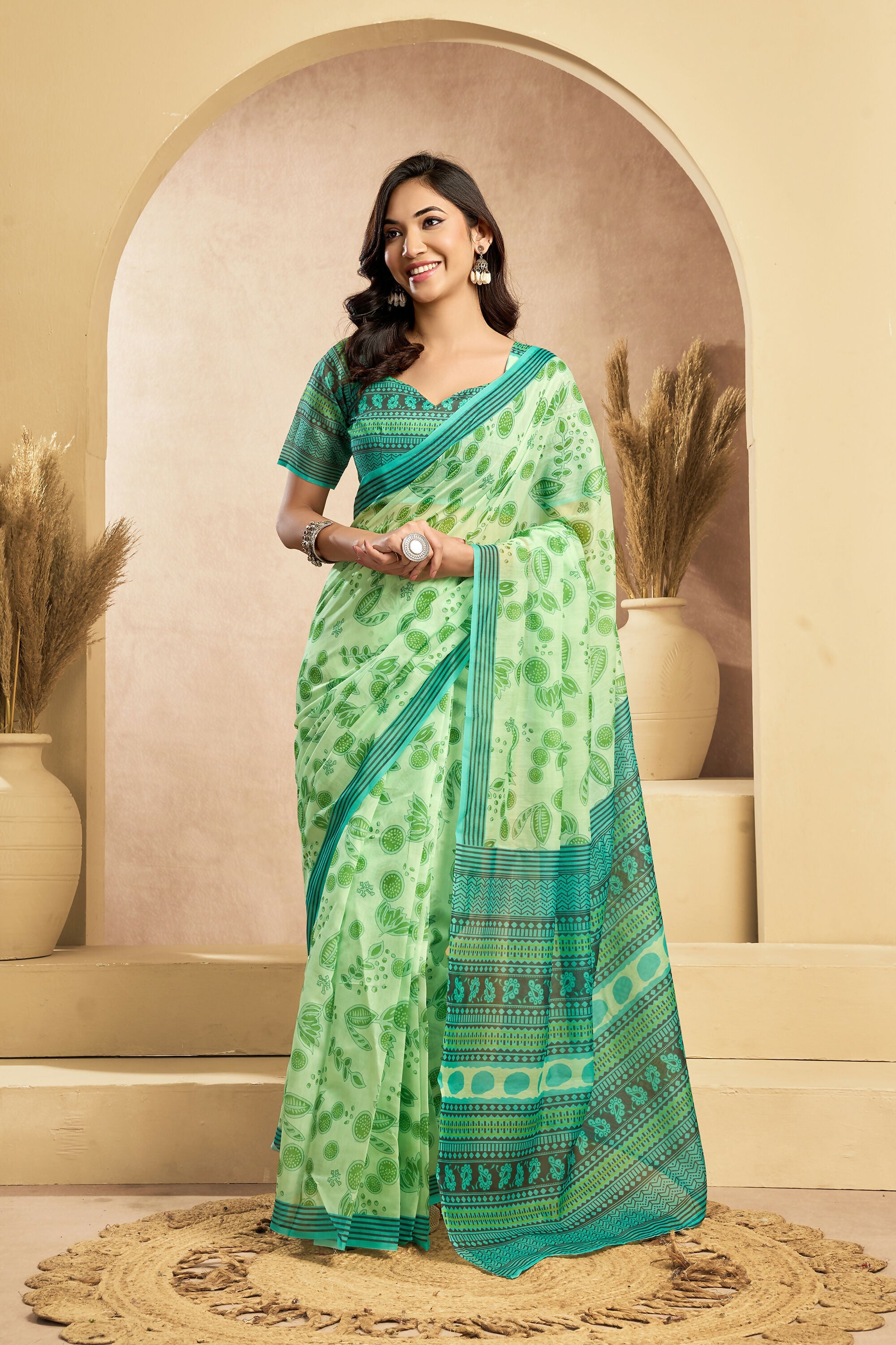 Vastranavya Mint Green Digital Printed Linen Ready To Wear Designer Saree with Unstitched Blouse