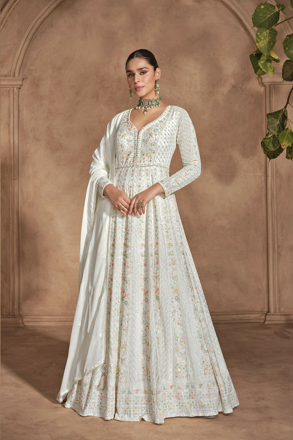 Vastranavya White Chikankari Embroidered Sequence Work Abaya Suit