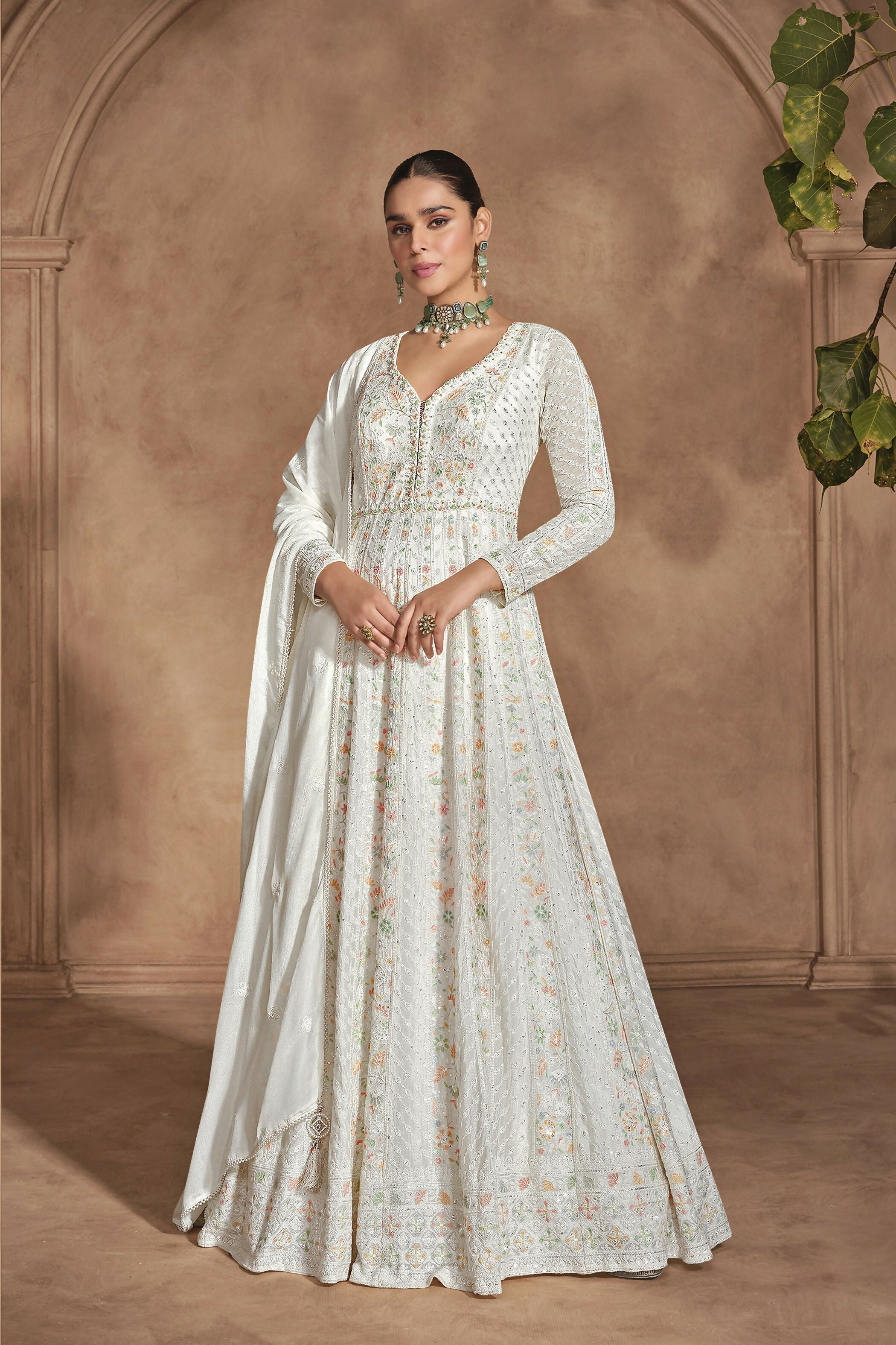 Vastranavya White Chikankari Embroidered Sequence Work Abaya Suit