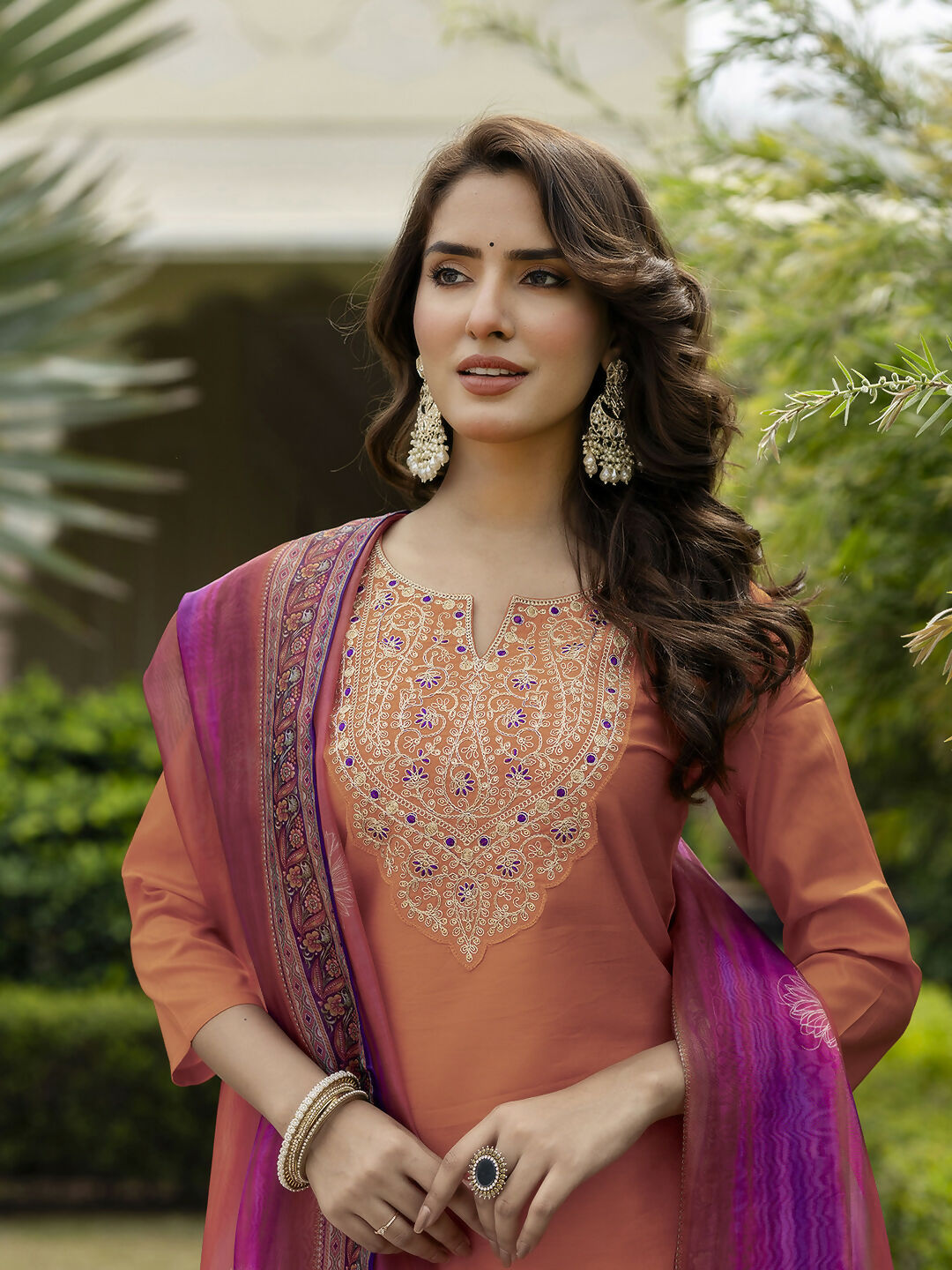 The52 Orange Women's Gorgeous Embroidered Rayon Fabric with Straight Kurta, Pant and Dupatta Set