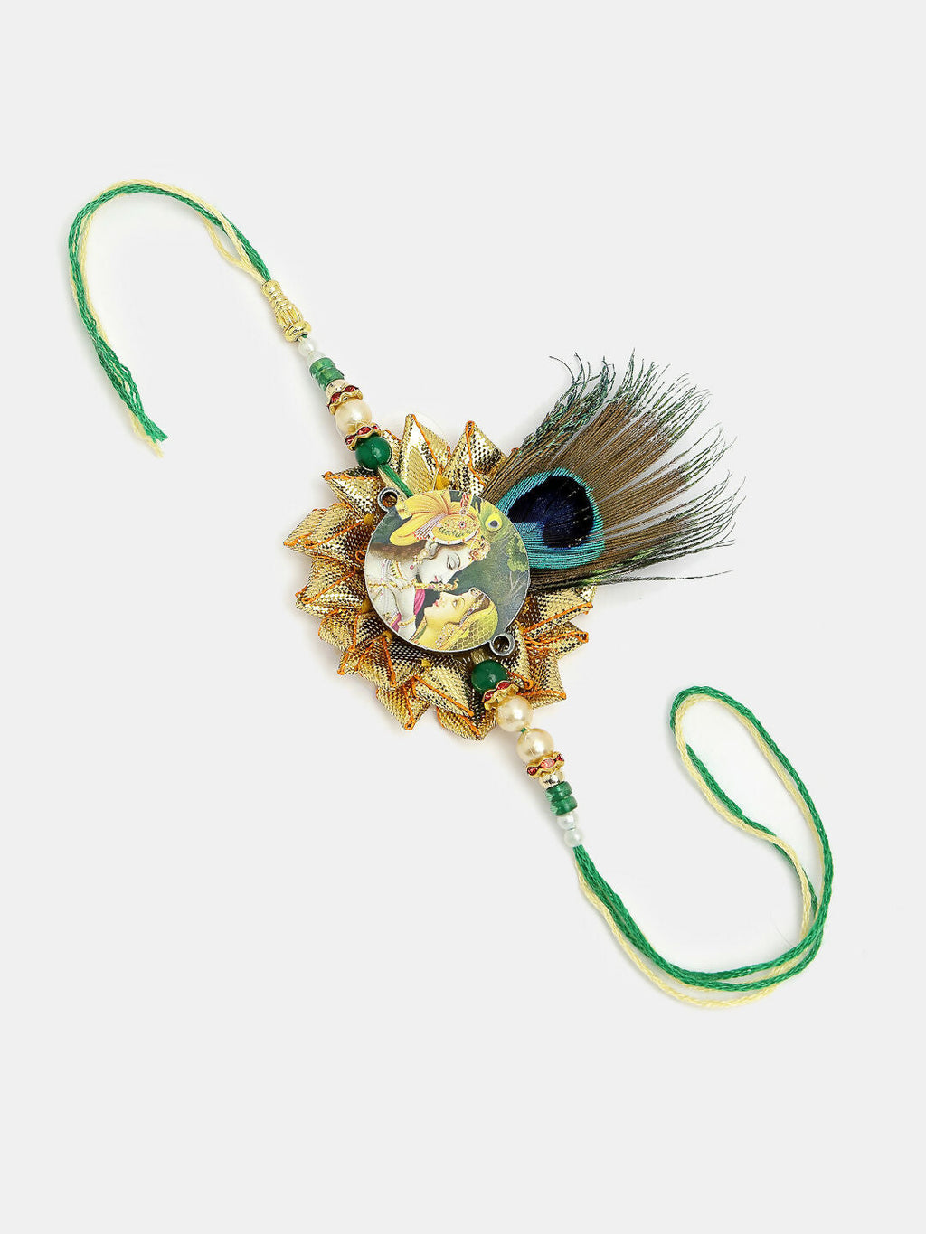 NVR Women & Men Set of 2 Green Radha Krishna Beaded Bhaiya Bhabhi Rakhi With Roli Chawal