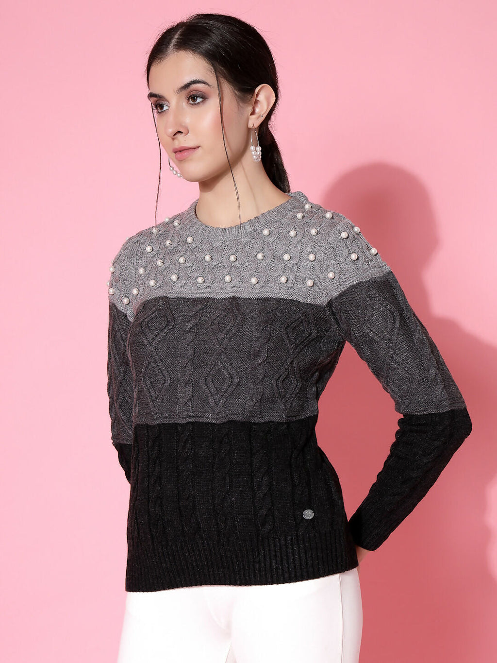 Women Color Block Winter Charcoal Acrylic Sweater - Wool Trees