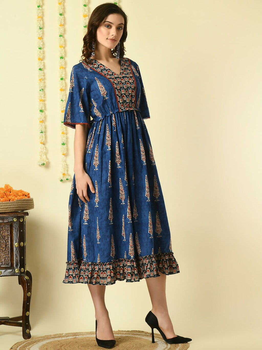 Myshka Women's Blue Printed Cotton Party Dress