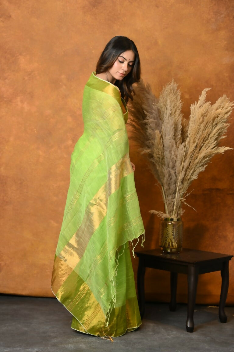 Very Much Indian Handloom Pure Cotton Linen Saree With Golden Border - Light Green