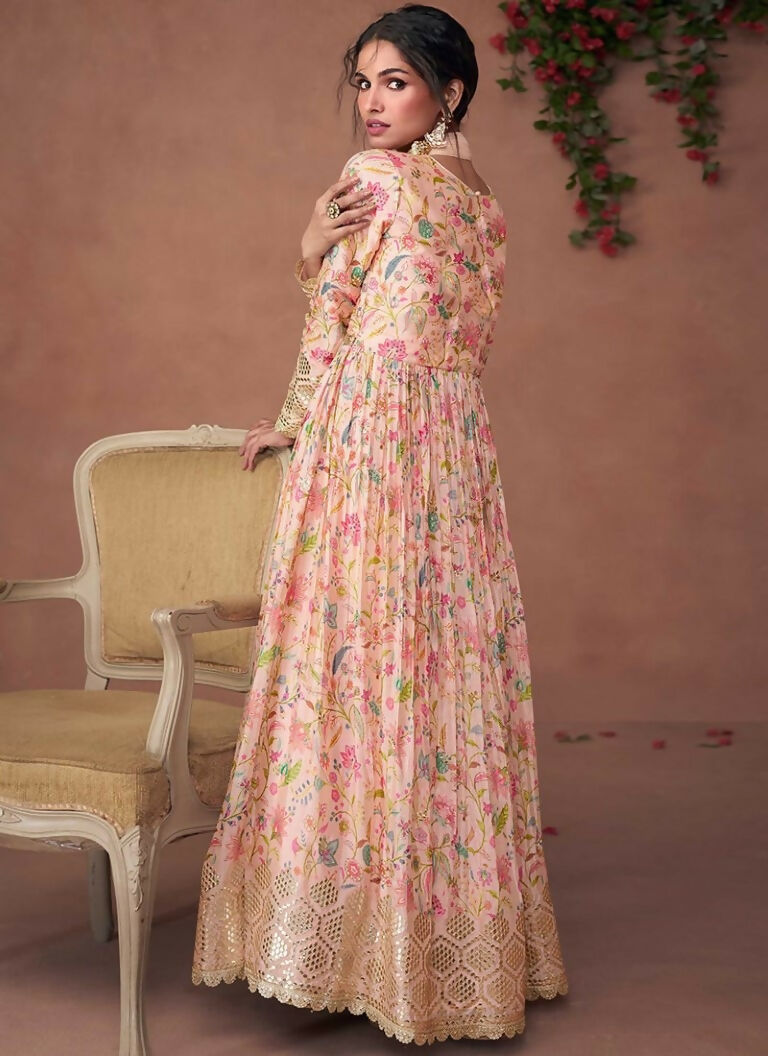 Vastranavya Peach Anarkali Suit Set In Organza Silk Floral Printed & Foil Mirror Work