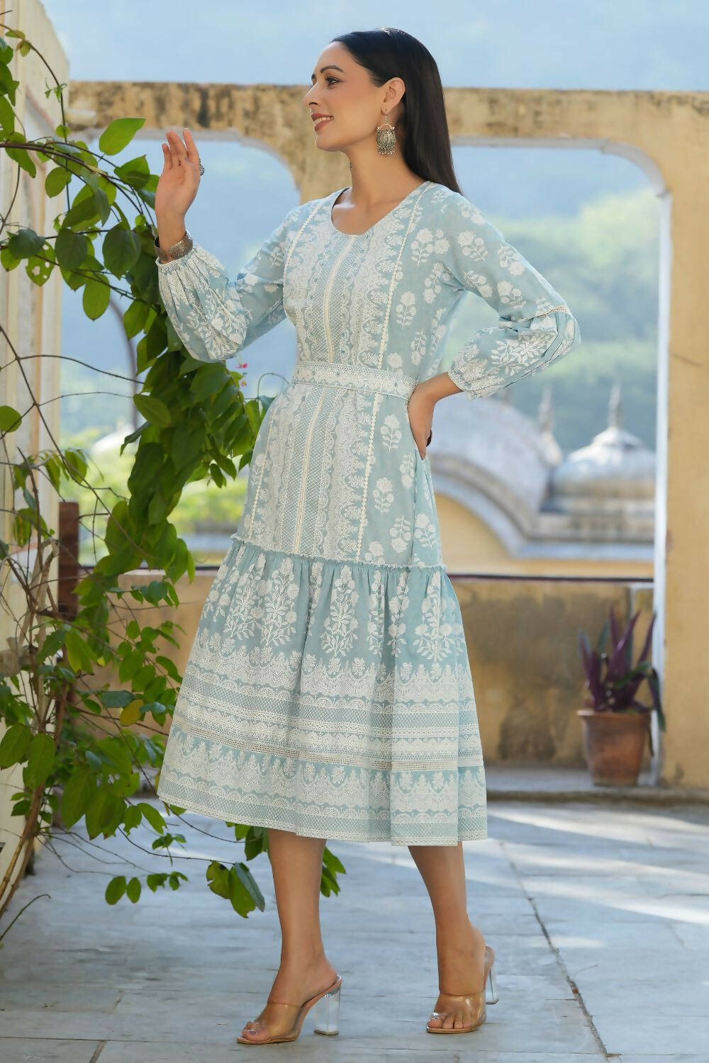 Juniper Women's Sky Blue Printed Flared Dress