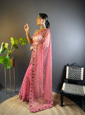 Vastranavya Butterfly Net Designer Chain Stitch Embroidery Work with Foil Thread & Stone Work Saree with Blouse Material - Pink