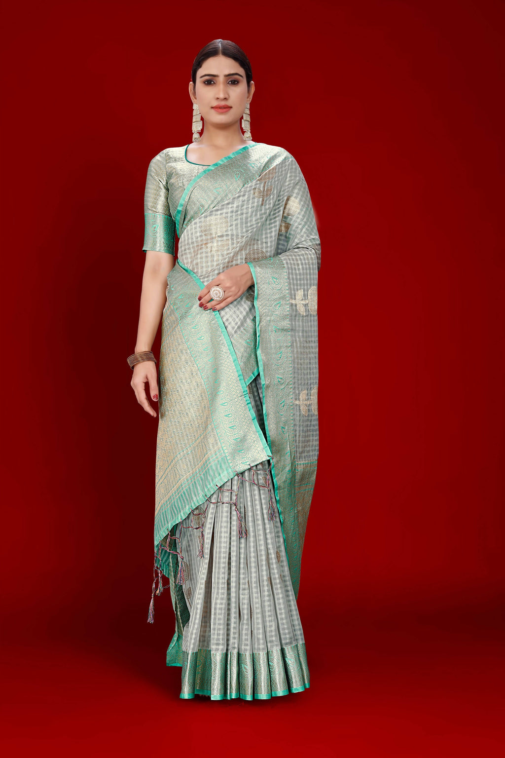 Grey Soft Organza Woven Design Saree With Unstitched Blouse Piece - Zaara