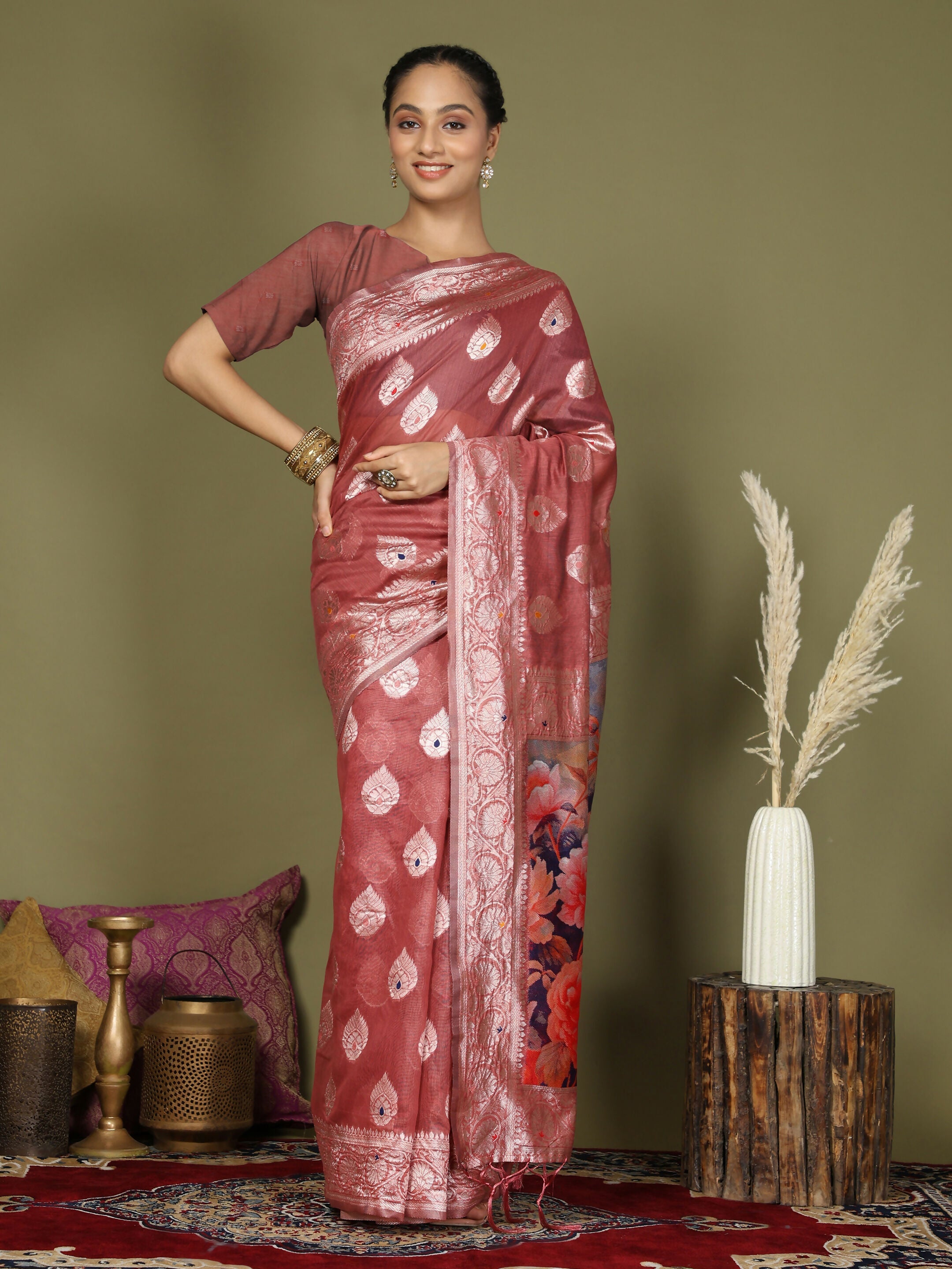 Shree Shyam Fashion Linen Cotton Rust Saree