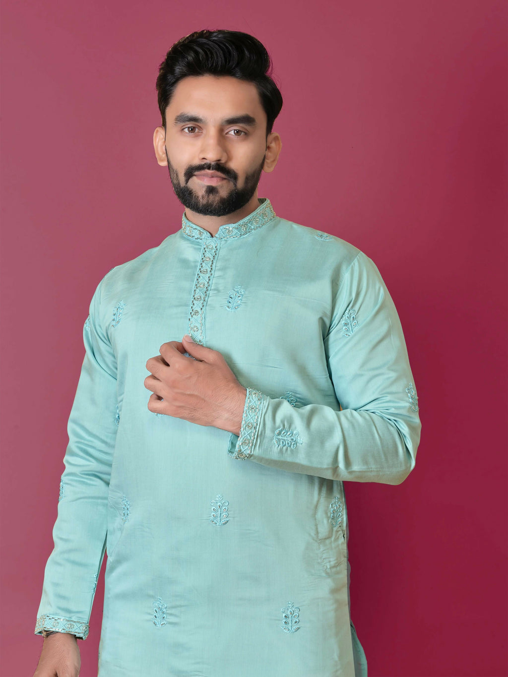 Men's Sky Blue Silk Handwork Men's Kurta Pajama by Infinity Export