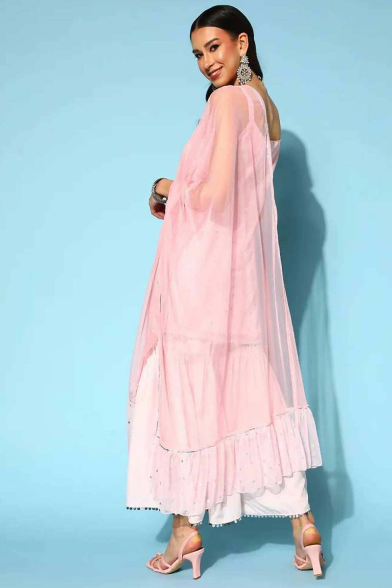 Ahalyaa Women Pink Colour Crepe Silver Foil Printed Kurta Sharara Set
