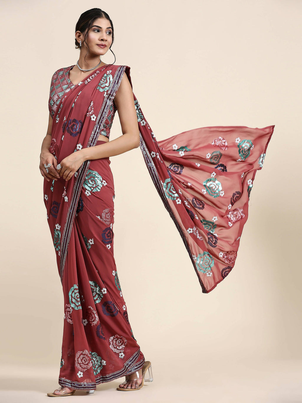 Peach Pure Georgette Sequence work Ready to wear Saree with stitched Blouse - Nirvana