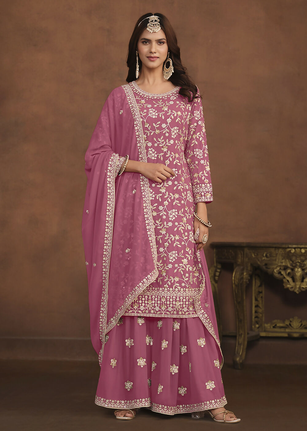 Faux Georgette Pink Embroidered Festive Salwar Suit - Emponline