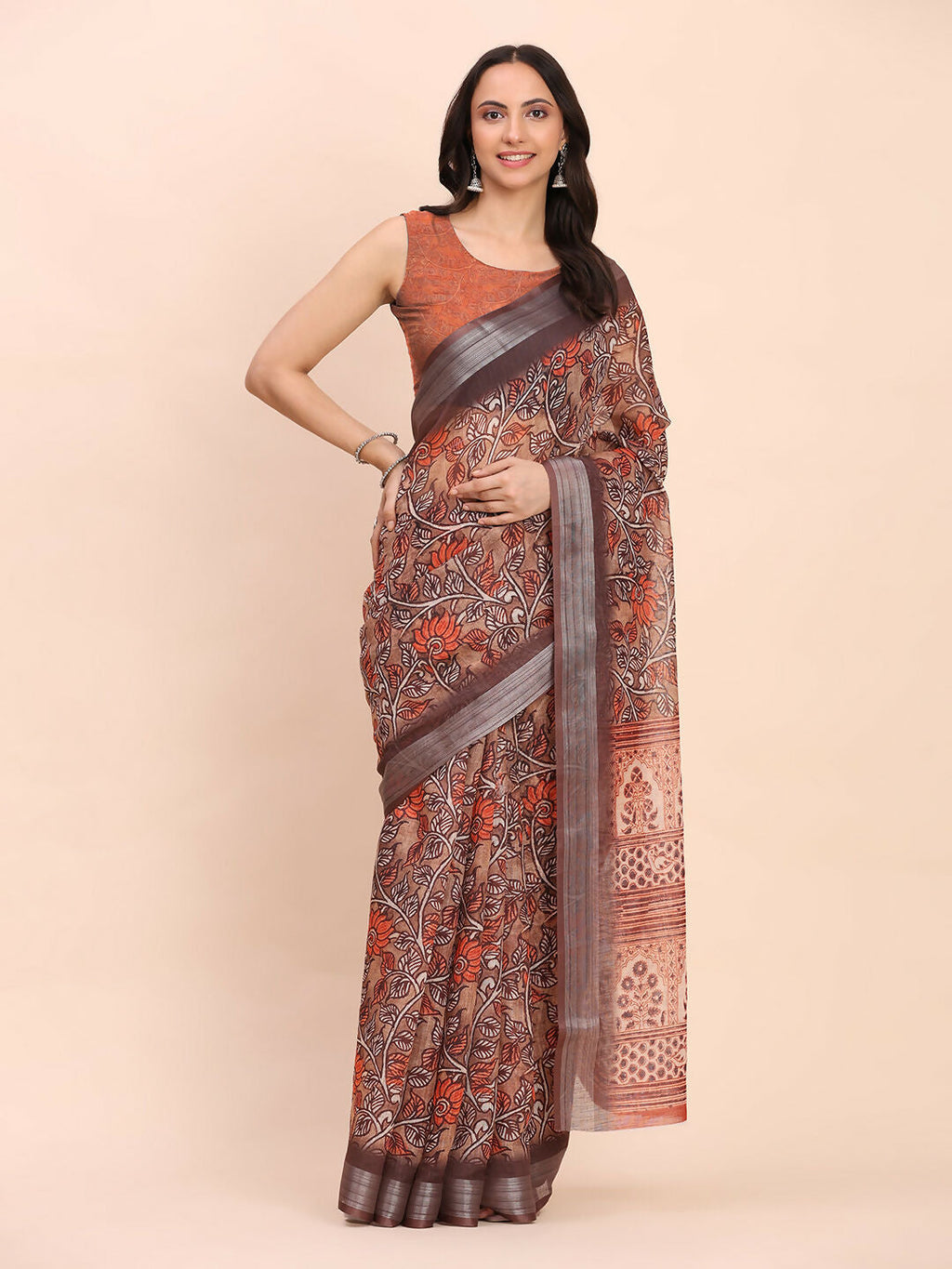 Shree Shyam Fashion Linen Cotton Brown Saree