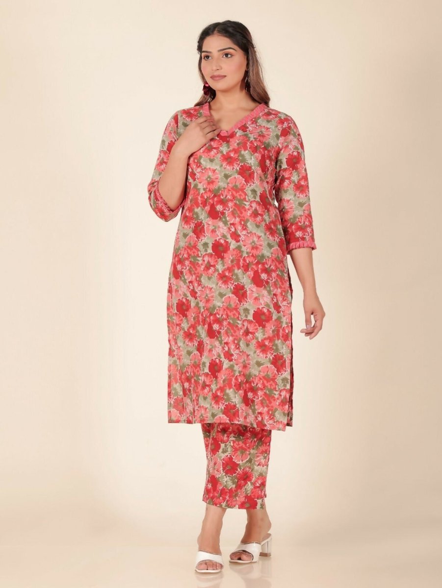 Aramya Red Soft Cotton Floral Print Panelled Kurta Set for Women