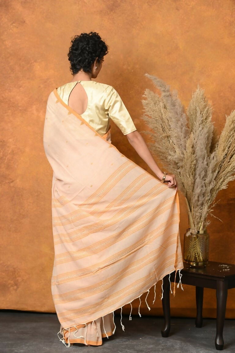 Very Much Indian Handloom Pure Cotton Saree With Sleek Border - Light Peach