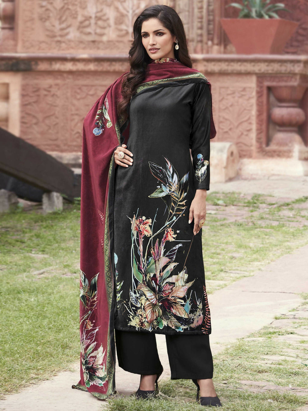 Jyoti Fashion Women's Black Velvet Floral Digital Printed Kurta with Trouser & Dupatta