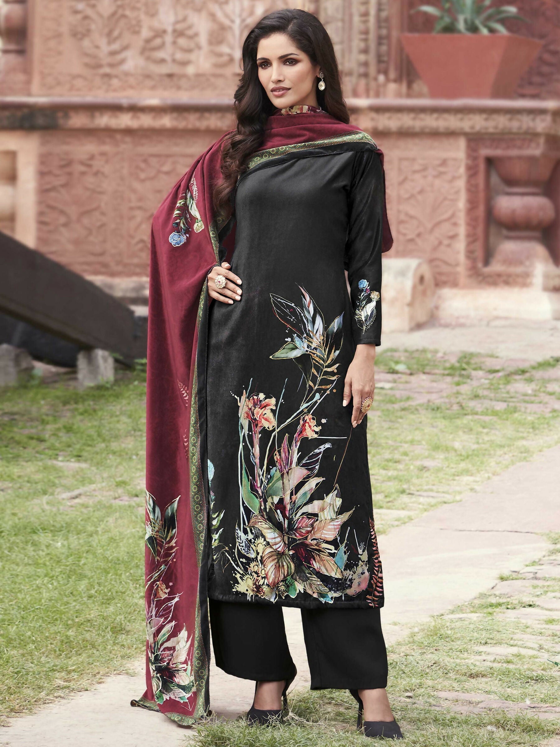 Jyoti Fashion Women's Black Velvet Floral Digital Printed Kurta with Trouser & Dupatta