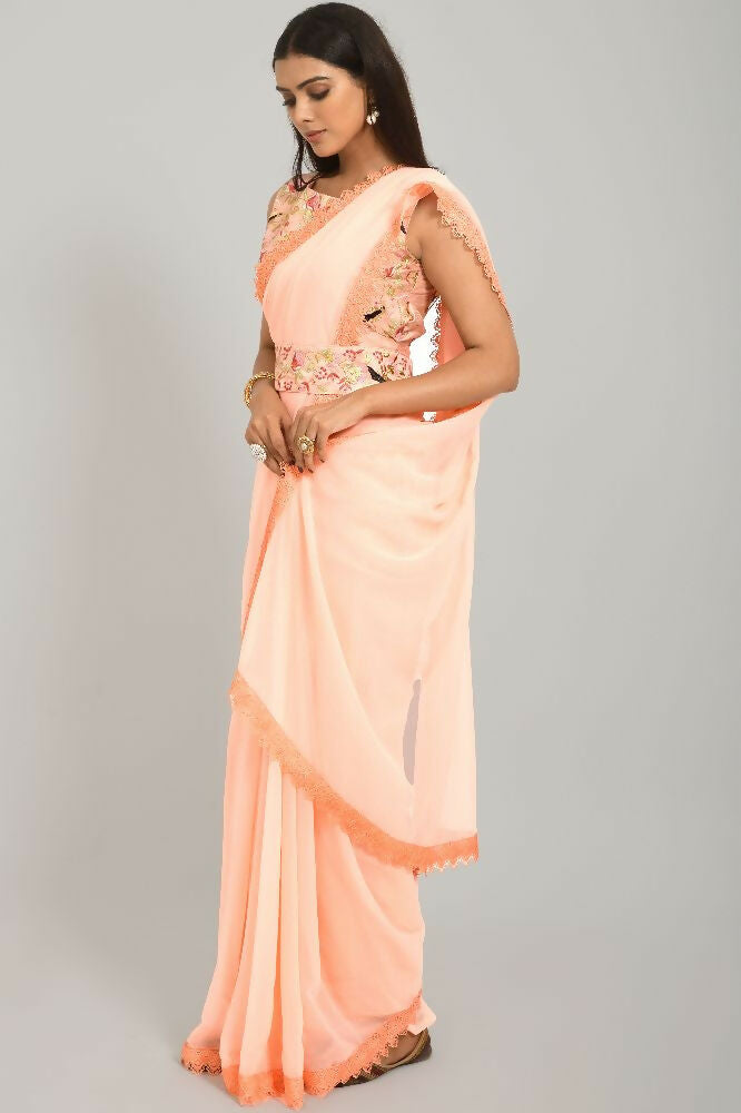 PR Fashion Peach Georgette Gpo Lace Saree