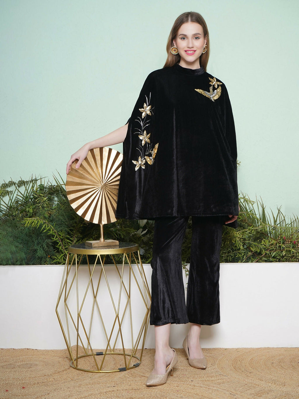 Joban Fashion Black Hand Embellished Cape Style Kurta with Bellbottom Pants