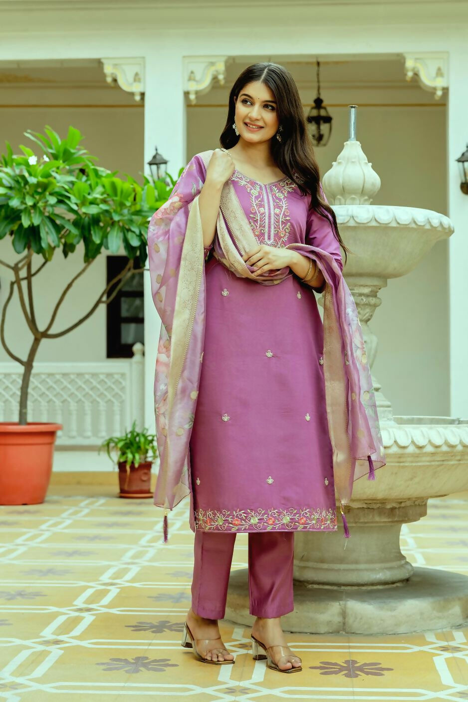 The52 Purple Women's Beautiful Embroidered Viscose Chanderi Silk Fabric with Straight Kurta, Pant and Dupatta Set