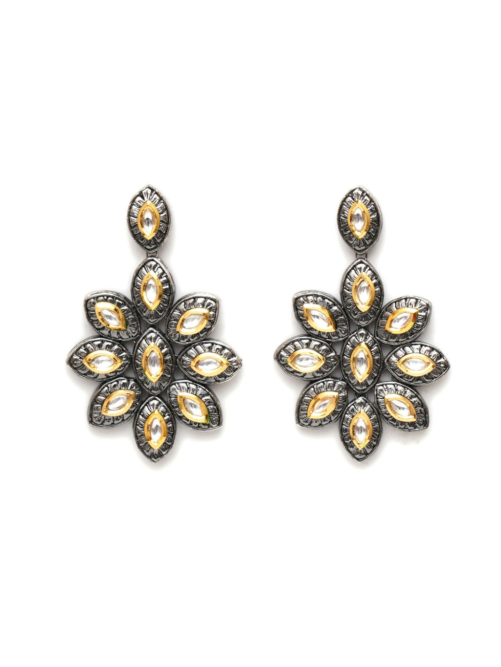 Dual Tone Kundan Flower Studs (silver) - Ruby Raang