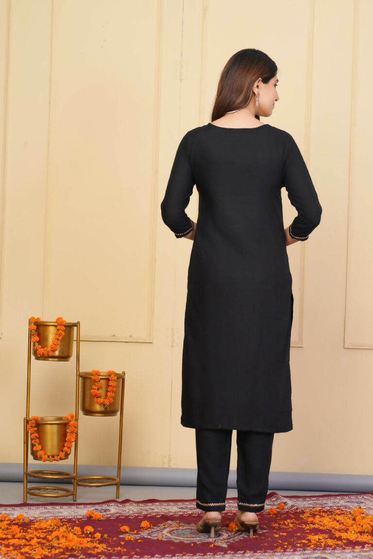 Black Rayon Slub Embroidered Stitched Suit With Dupatta - Tanisha